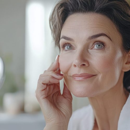 Beautiful mature woman looking away thoughtfully with her hand on her face, standing in a bright room.